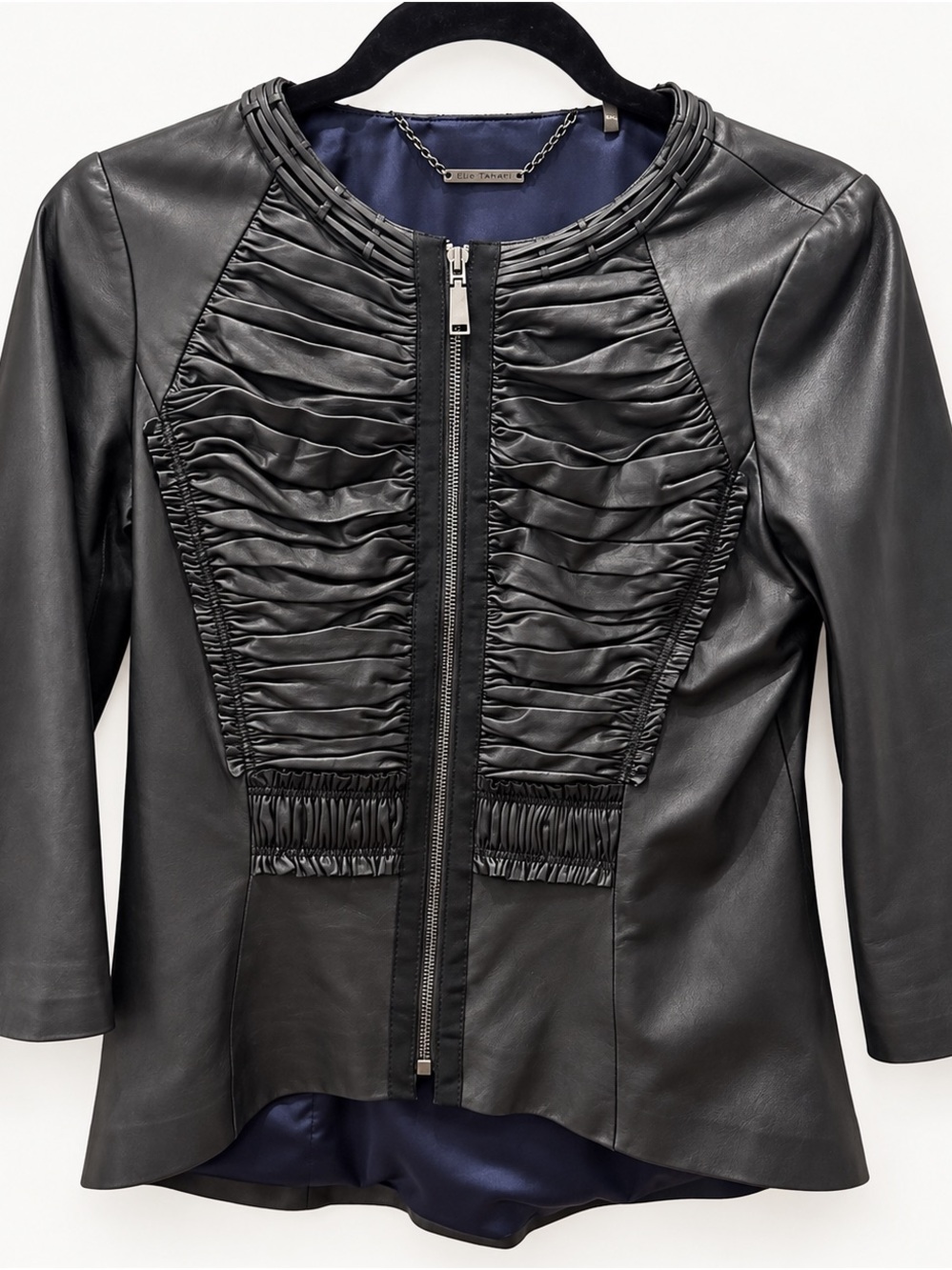 Elie Tahari Black Lamb Leather Ruched Jacket 3/4 Sleeve